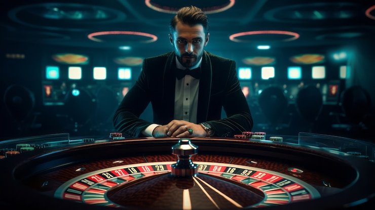 Tampilan meja Teen Patti dengan dealer dan kartu-kartu di layar